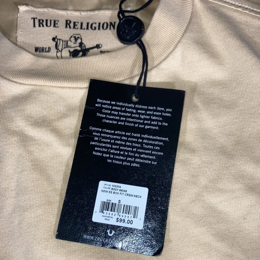 True Religion Mens Beige Satin Shoulders Short Sleeve Crew Neck Shirt